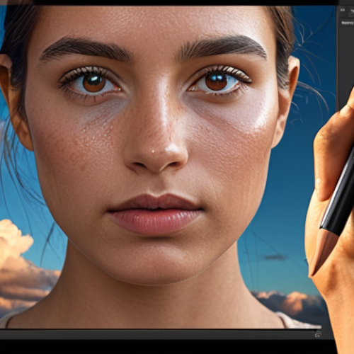A person retouching a portrait with Luminar AI, enhancing skin tone and eye vibrancy, with a dramatic sky replacement in the background.