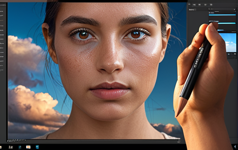 A person retouching a portrait with Luminar AI, enhancing skin tone and eye vibrancy, with a dramatic sky replacement in the background.